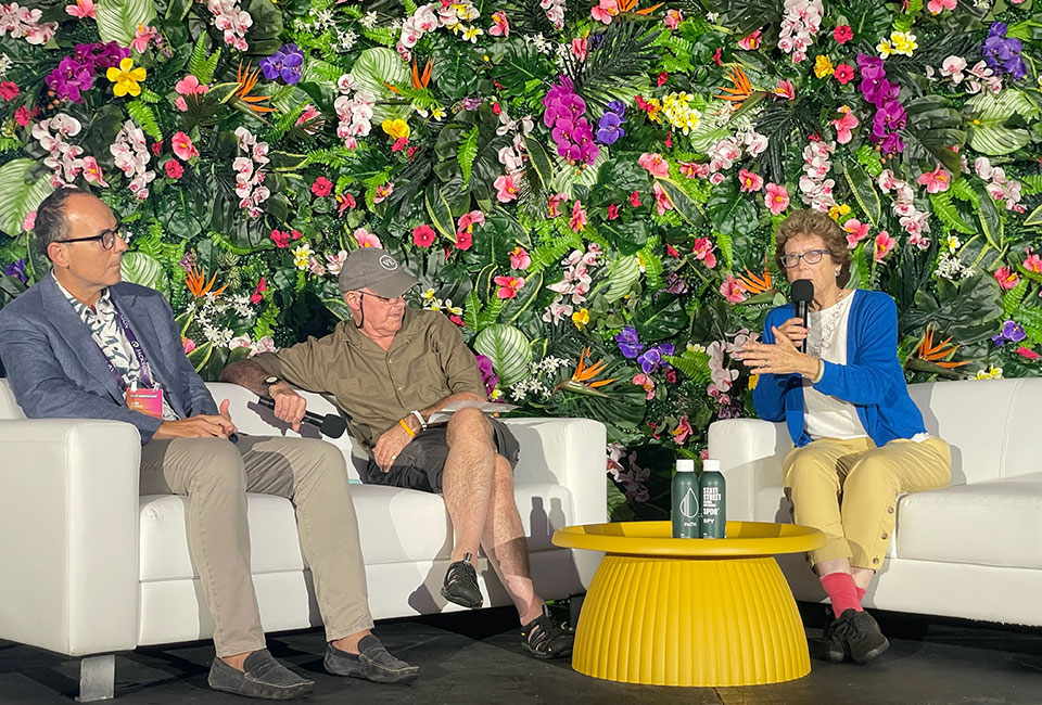 Jan van Eck (VanEck), Tom Butcher (VanEck), and Laurie Wayburn (PFT) host a Q and A at Future Proof Festival in Huntington Beach, CA, in September 2023.